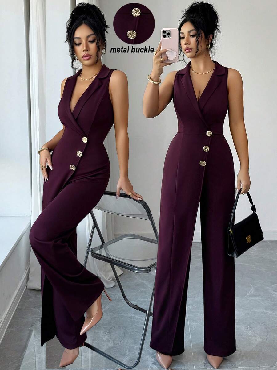 Elenzga 优雅夏季女士针织连体裤 - 中紫紅色 - 查看 1