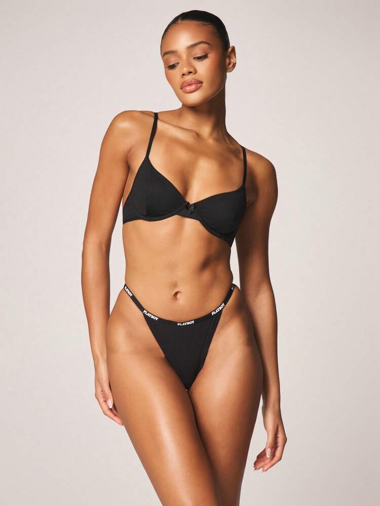 Missguided x Playboy Three Pack Ribbed Thong Underwear Set With Logo Waistband For Everyday Comfort