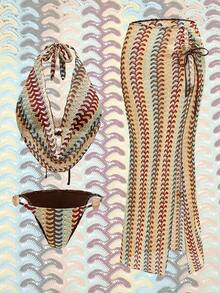 Swim Oasis Summer Beach Vacation Women Halter Neck Special Fabric Top With Side Tie Pants, Side Tie Swimsuit And Skirt