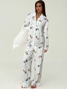Aloruh 2pcs Women Cartoon Print Long Sleeve Top And Pants Set - Baby Blue - View 3