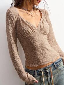Bohemela 休闲针织蕾丝心形领长袖修身女式上衣 - 卡其色 - 查看 7