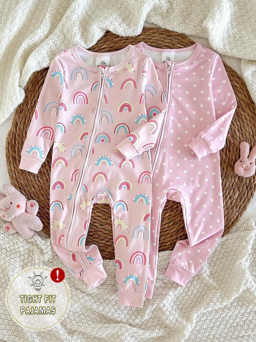 SHEIN Vintaside Kids 2件組貼身拉鍊式嬰兒女童秋冬睡衣套裝,可愛彩虹波點印花與愛心印花居家服 - 粉色 - 查看 1