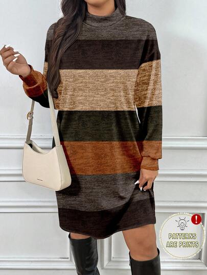 SHEIN Frenchy Plus Size Women Vintage Striped Pattern Print Turtleneck Long Sleeve Casual Dress, Suitable For Autumn, , And New Year Women Long Sleeve Dress Fall Dress Autumn Dress Spring,Summer/Vacation