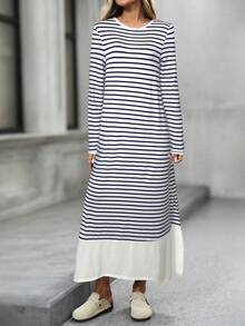 SHEIN LUNE 女士休闲宽松条纹长袖连衣裙 - 藏蓝色 - 查看 6