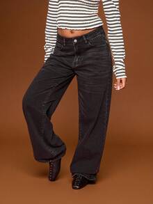 COUREZ Jeans de tiro bajo con ajuste holgado en lavado negro / Ropa casual de invierno Y2K Ropa de mujer de otoño Pantalones anchos lindos de tiro bajo - Negro - Ver 5