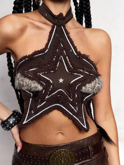 Top à col montant en patchwork de fausse fourrure avec décorations en pentagramme, style rétro hippie rock star pour festival de musique, pour femmes