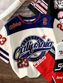 Attitoon 3 pièces Set T-shirt à manches courtes ample, col rond, graphique vintage de numéro de moto américaine minimaliste et décontracté pour femmes, convient pour l'été