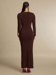 Silquee Burgundy Asymmetric Hollow Neck Elastic Fitted Ruched Dress With Gold Decor Buttons, Suitable For Romantic Dates, Wedding Parties, Valentine's Day - Coffee Brown - View 2