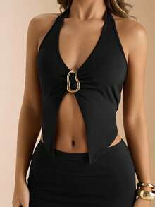 SHEIN BAE 1.春夏女士金属扣装饰挂脖性感裁剪上衣&中低腰美人鱼下摆针织裙2件套，棕色套装，度假套装，露背针织套装 - 黑色 - 查看 7