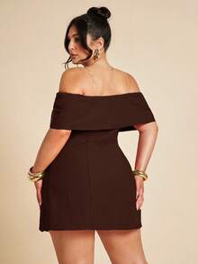 SHEIN BAE Plus Size Women's Elegant Open Shoulder Bow-Tie Cocktail Dress, Suitable For Party, Date Night, Clubbing In Autumn & Winter - Coffee Brown - View 5