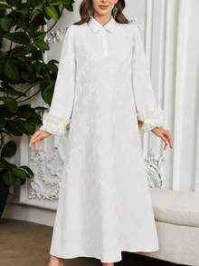 Al Najma 女士花卉刺绣领喇叭袖阿拉伯风格连衣裙 - 白色 - 查看 6