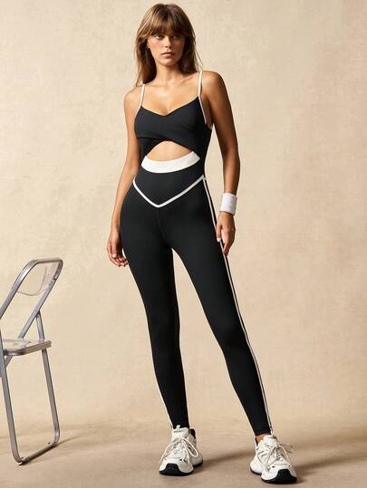 VARSIVA 女式撞色镂空无袖修身连体裤，适合健身和运动