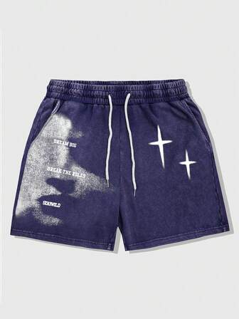 Street Life Pantaloncini casual larghi da uomo con stampa di lettere, vita con coulisse e tasche