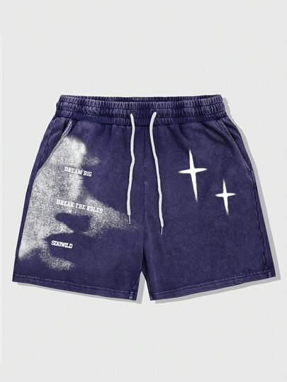 Street Life Pantaloncini casual larghi da uomo con stampa di lettere, vita con coulisse e tasche