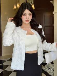 DAZY Women's Elegant Plain Textured Round Neck Blouse, Autumn/Winter - White - View 6