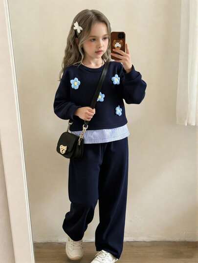 Elladie kids 2pcs/Set Girls Korean Style Loose Floral Gray Sweatshirt With Bow Decor, Looks Like Two Pieces