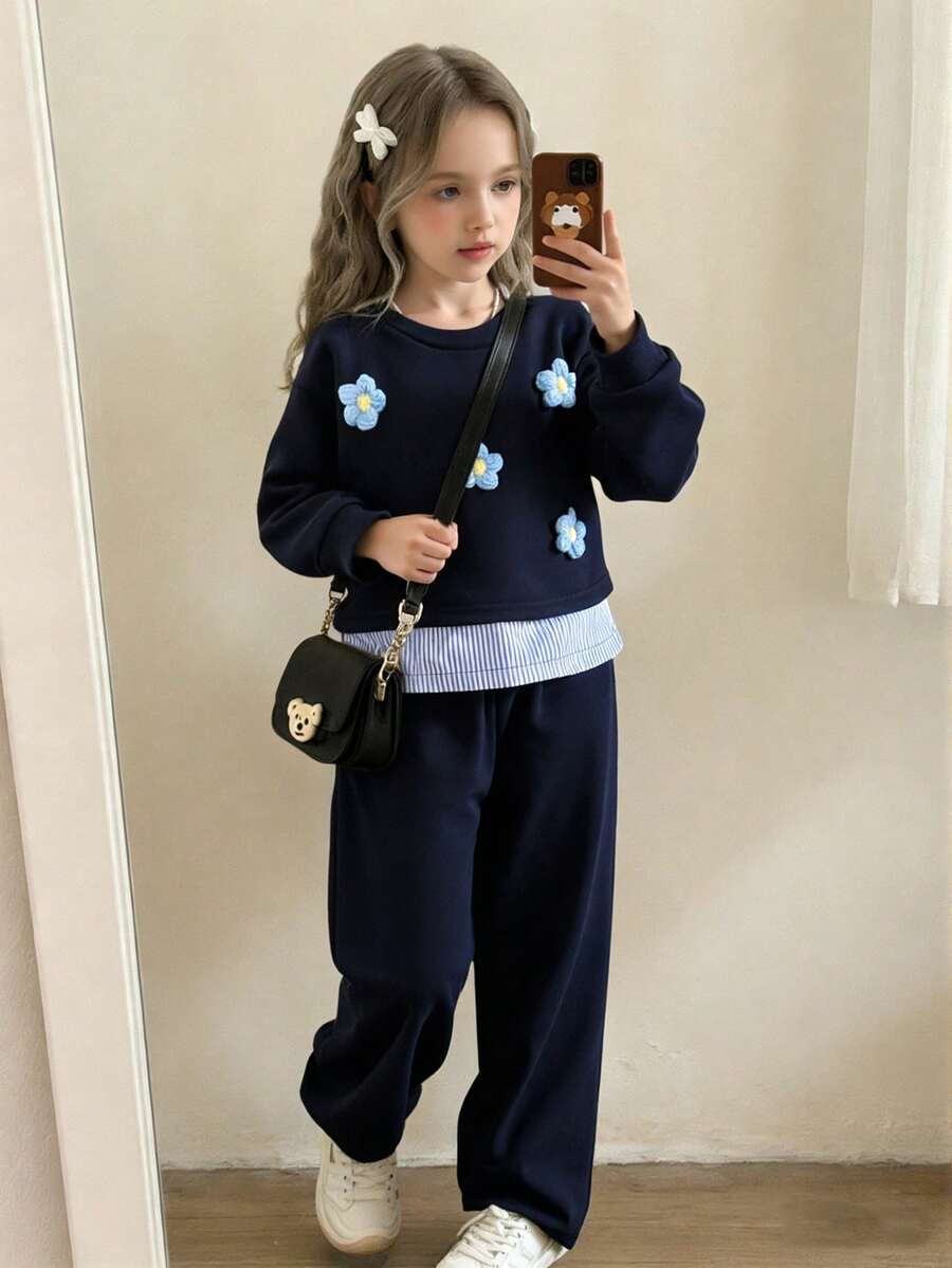 Elladie kids 2pcs/Set Girls Korean Style Loose Floral Gray Sweatshirt With Bow Decor, Looks Like Two Pieces