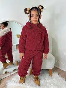 SHEIN 两件套女童抓绒套头衫+宽松长裤，秋冬季休闲日常穿着 - 酒紅色 - 查看 1
