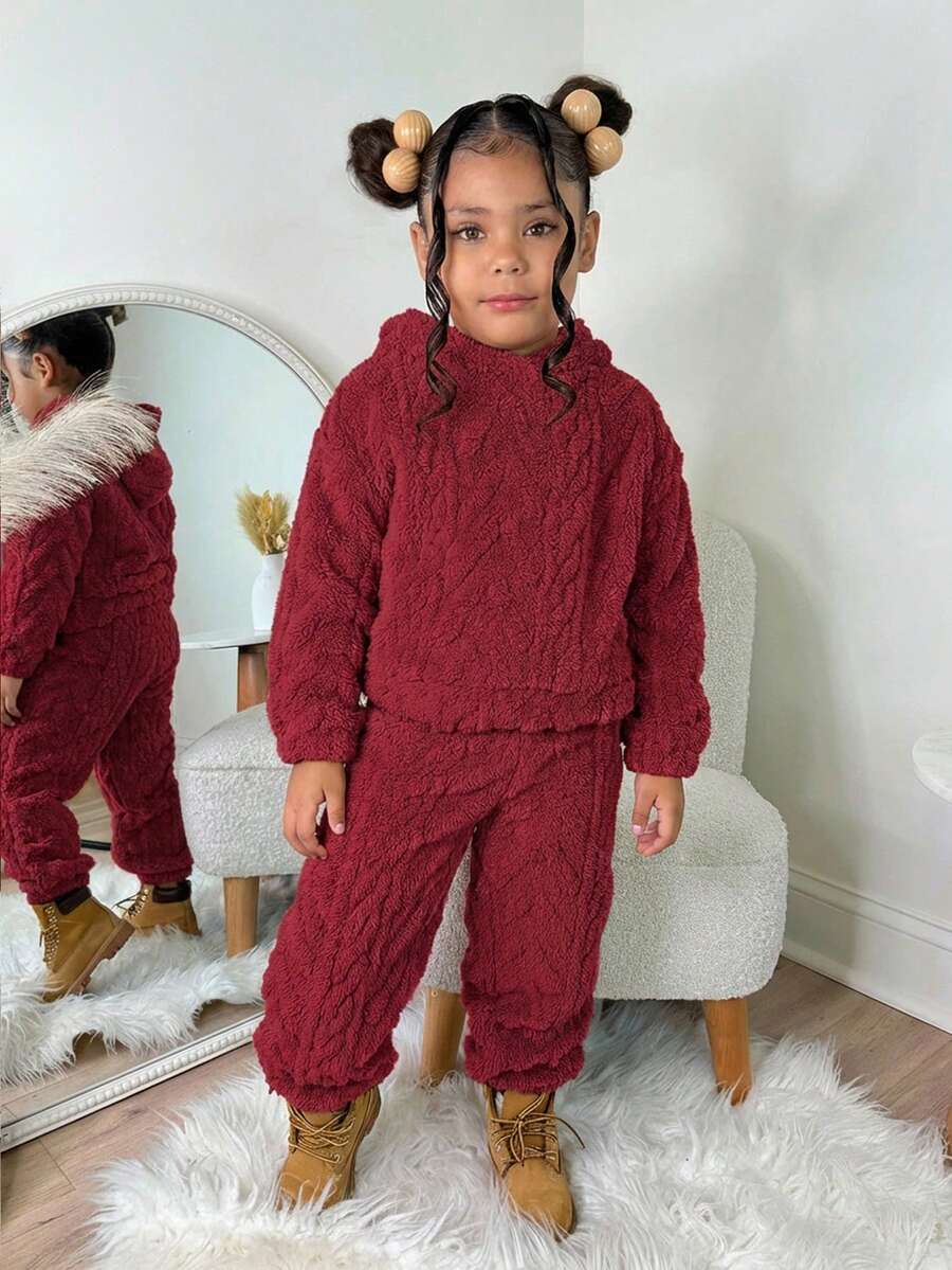 SHEIN 两件套女童抓绒套头衫+宽松长裤，秋冬季休闲日常穿着 - 酒紅色 - 查看 1