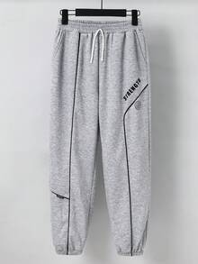 SHEIN Teen Boys Graphic Sweatpants Gray Polyester Everyday Casual With Pockets And Extra Long Design - White - View 6