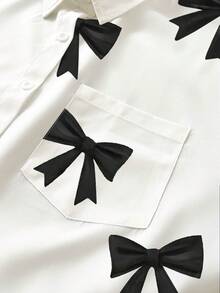 INAWLY 女士蝴蝶结印花短袖衬衫 - 彩色 - 查看 3