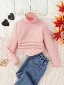 SHEIN Áo thun dệt kim cổ bẻ màu trơn cho bé gái, thích hợp mặc thường ngày, mặc đi học vào mùa thu đông, phù hợp cho mẹ và bé. Dùng cho dịp Giáng sinh. - Màu Hồng baby - Xem 3