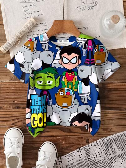 Teen Titans Go X SHEIN تي شيرت كم قصير بطباعة الرسوم المتحركة للأولاد الصغار