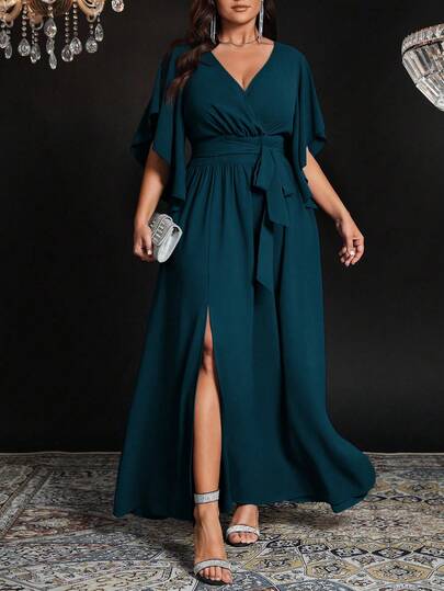 Auvina Plus Size Women's Solid Color Fitted V-Neck Flare Sleeve Tie Waist Ruched Slit Elegant Party Dress