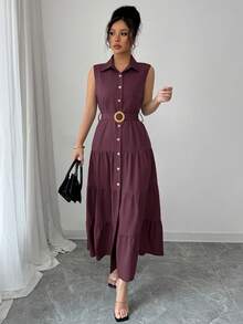 Elenzga Women's Solid Color Single-Breasted Ruffle Hem Sleeveless Shirt Dress - Red Violet - View 7