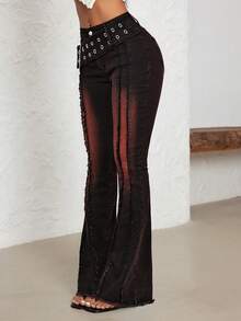 Jeanoix 女士低腰喇叭裤，配有太阳形搭扣和孔眼 - 黑色 - 查看 4