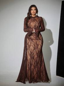 Viva Relle Plus Size Lace Patchwork Long Sleeve Elegant Dress - Coffee Brown - View 4