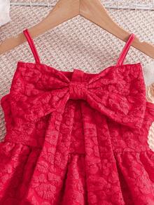 SHEIN Young Girl' Textured Fabric Bow Decor Dress - Red - View 3