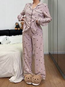 Dream Adore Heart Striped Print Lapel Long Sleeve Pajama Set - Brown - View 2