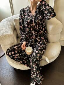Napfluff Floral Print Lapel Long Sleeve Pajama Set - Matte Black - View 3