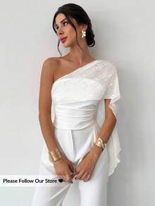 Firerie Women's Elegant Casual Vacation Daily Fashion Versatile White Asymmetric Neck Mesh Patchwork Asymmetrical Tie Fitted Blouse, Summer - White - View 1