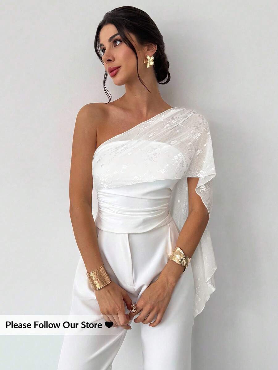 Firerie Women's Elegant Casual Vacation Daily Fashion Versatile White Asymmetric Neck Mesh Patchwork Asymmetrical Tie Fitted Blouse, Summer - White - View 1