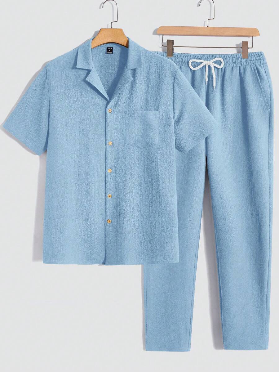 Manfinity Homme 2pcs Men's Solid Color Mandarin Collar Short Sleeve Button Front Casual Textured Shirt And Pants Set - Light Wash - View 1