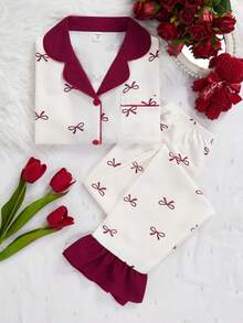 SHEIN 2件套女童蝴蝶印花长袖开衫和裤子休闲舒适家居服套装 - 彩色 - 查看 4