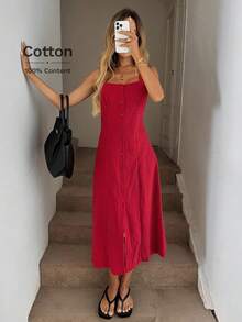 Easowa Square Neck Ruched Bust Cup High Slit Back Tie Cinched Waist A-Line Midi Dress, Sourced Cotton Fabric, Casual Vacation Elegant For Women,Summer Dresses For Women - Red - View 3