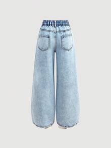 SHEIN Tween Girl Casual All-Match Versatile Cute Strawberry Heart Pattern Comfortable Loose Distressed Ripped Straight Leg Denim Jeans, Suitable For Daily Wearkid's Fall Winter ,New Year,Christmas,For New Year's Eve,Spring Summer ,Streetwear Vintages,Comfortable And Versatile, For 8-12 Years Old Girls, Suitable For School, Home And Travel,Patched Pocket Baggy Casual Versatile Denim Pants - Light Wash - View 3