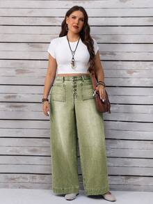 EMERY ROSE 大码女式宽松休闲牛仔阔腿裤，带纽扣腰带 - 綠色 - 查看 8