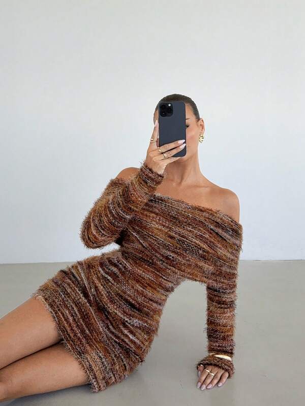 Siren Gaze Women's Striped Off-Shoulder Long Sleeve Fashionable Top And Fitted Midi Skirt 2-Piece Set Brown Faux Sweater Off-The-Shoulder Top And Mini Skirt Set Christmas Outfit For Women Casual Outfit For Women Maple Brown Set Sweater Dress Fall Dress Autumn Dress Knit Dress Earth Tone Dress Spring