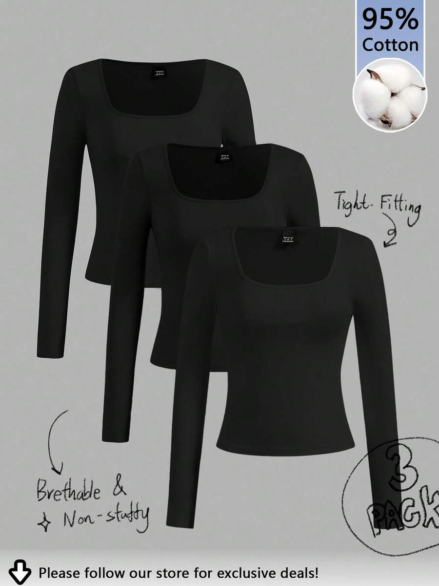 Tseoso 3pcs Black 95% Cotton Cropped Casual Fitted T-Shirts, Suitable For Summer Spring - Black - View 1