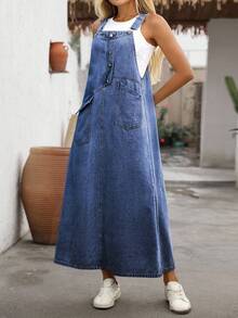 EMERY ROSE Plus Size Women Button Design Casual New Loose Denim Jumpsuit Dress - Blue - View 9