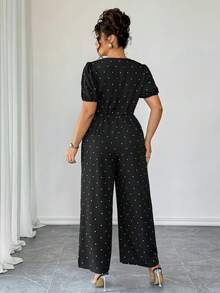 Elenzga Tuta casual a pois da donna taglie forti, elegante stile francese, per la Festa di San Valentino, con fiocco decorativo, collo rotondo, maniche a palloncino, vita stretta, effetto snellente - nero - Visualizzare 2