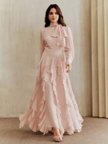 Anewsta Women's Elegant Dress With Oblique Bow Collar, Rhinestone Tassel, Waist Cinched, Flared Hem, Ruffle Trim, Pink Dress, Graceful And Stylish For Gatherings - Pink - View 4