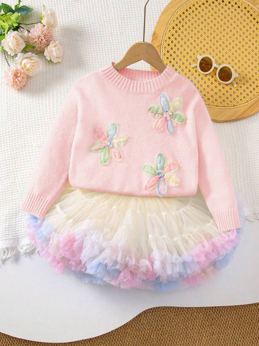 Sparklyn Áo len dài tay cổ tròn bằng vải lưới thêu hoa dễ thương cho bé gái, bộ váy hai mảnh mùa thu/đông cho bé gái, áo len bé gái mùa thu và mùa đông, mùa thu và mùa đông, bé gái trẻ và bé gái trẻ. - Hồng - Xem 1