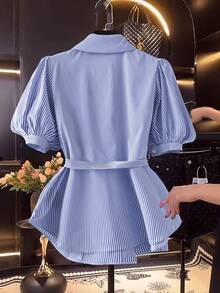 GlowEve Áo sơ mi nữ tay ngắn cài nút, thiết kế cổ bẻ, cài nút phía trước, thắt eo, thiết kế xòe, thanh lịch, giản dị, thích hợp cho ngày lễ tình nhân, lễ hội hóa trang, Halloween, thời trang xuân/hè mới, thương hiệu nhỏ thiết yếu, đa năng - Xanh và trắng - Xem 2