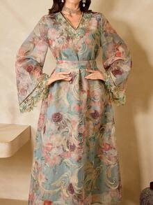 Al Najma 女士极简印花V领长袖阿拉伯风格连衣裙 - 粉色 - 查看 3
