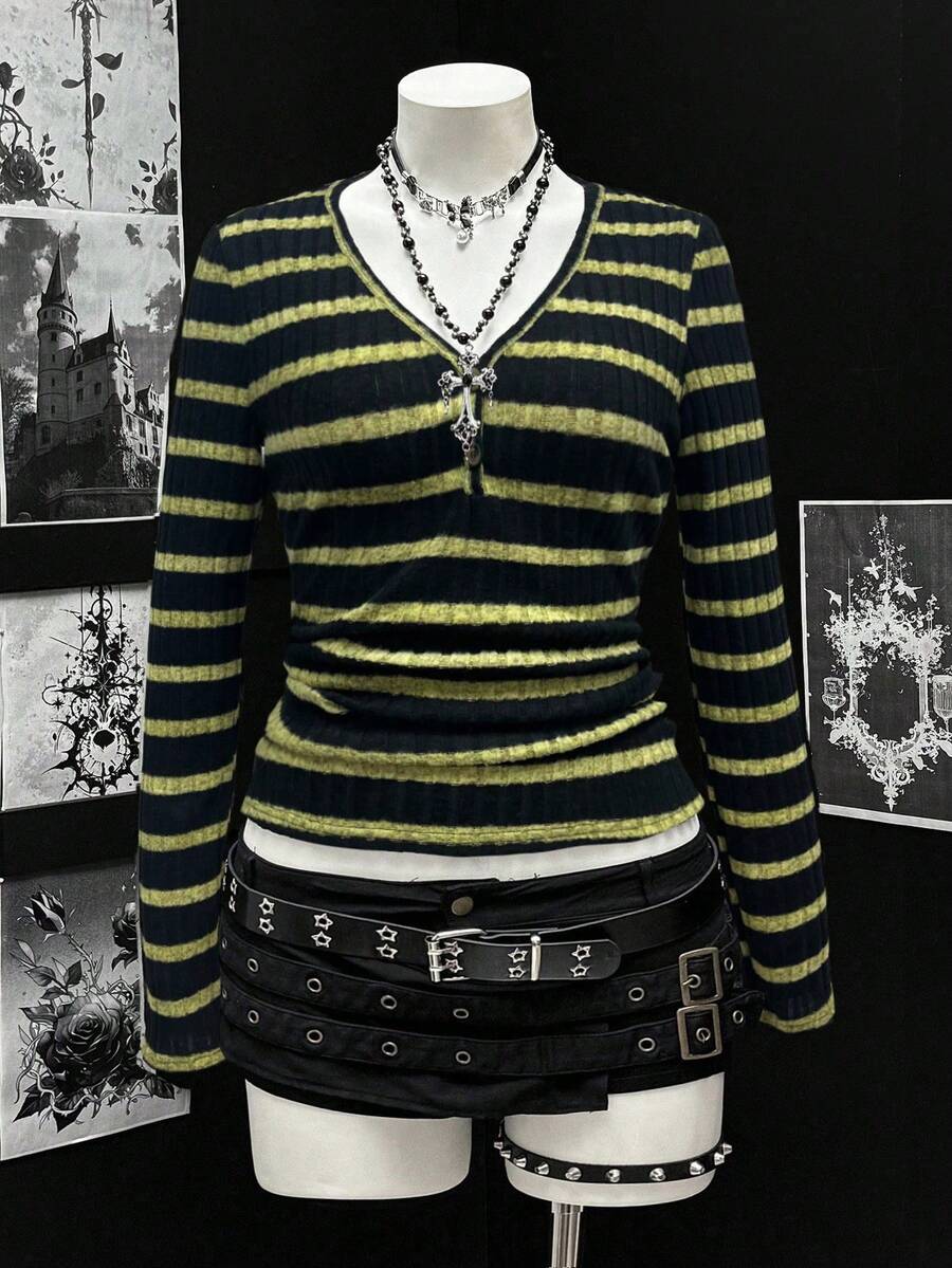 Sunspun 大码女式性感罗纹V领长袖T恤，百搭休闲街头风，适合假日穿着，经典罗纹套头衫 - 彩色 - 查看 1